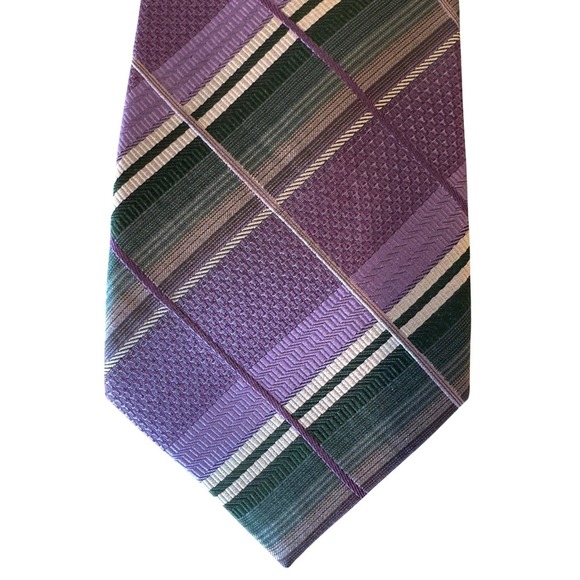 FERUCCI Silk Tie Purple Green Geometric Patchwork Jacquard Abstract Handmade - Picture 2 of 6
